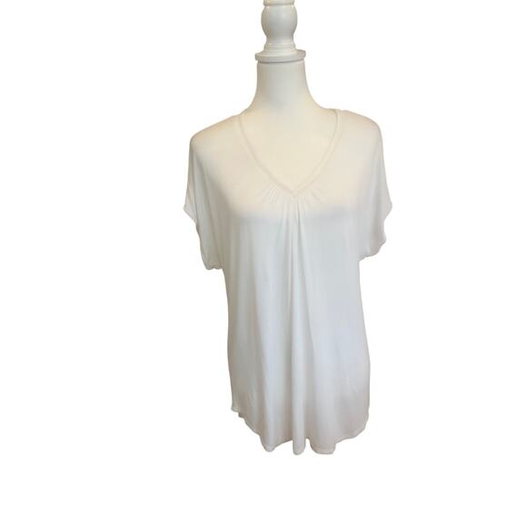 ANN TAYLOR LOFT V NECK SHORT SLEEVE WHITE POLKA DOT WOMENS LARGE - Picture 2 of 5